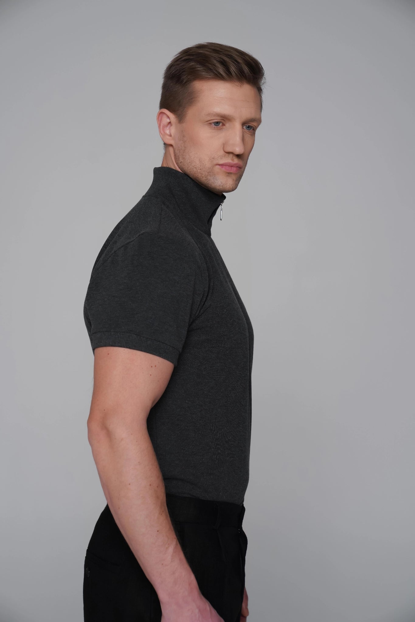 SAINT ISSA MEN'S COTTON ZIP POLO GREY back