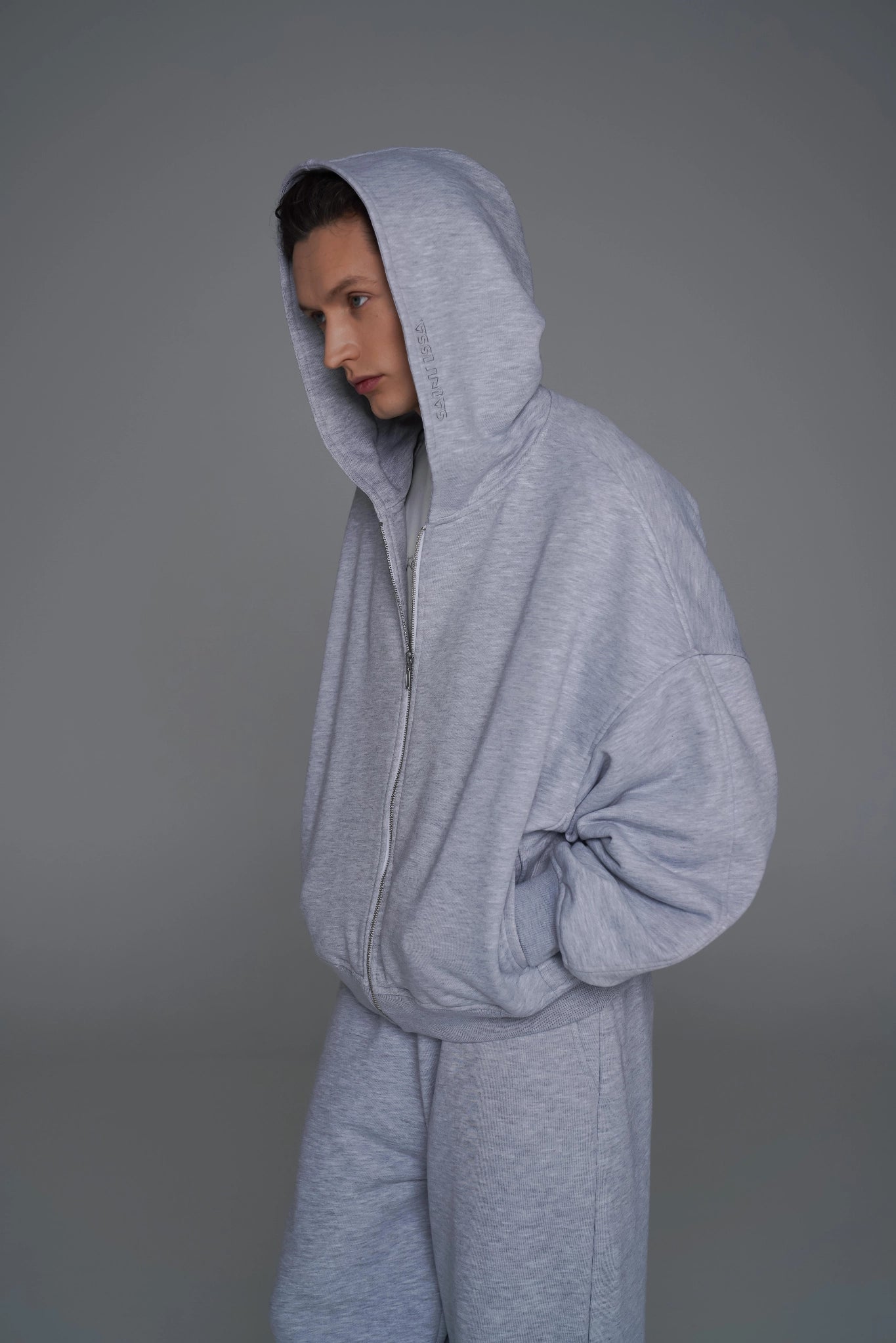 MEN'S MINI CROP FULL-ZIP OVERSIZED HOODIE ASH GREY CUSTOM made